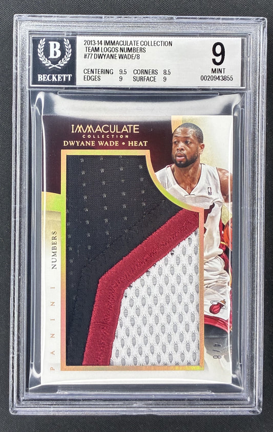 2013-14 Panini Immaculate Dwyane Wade Team Logos 77 game-used Miami Heat logo patch numbered to 8 BGS 9 Mint.