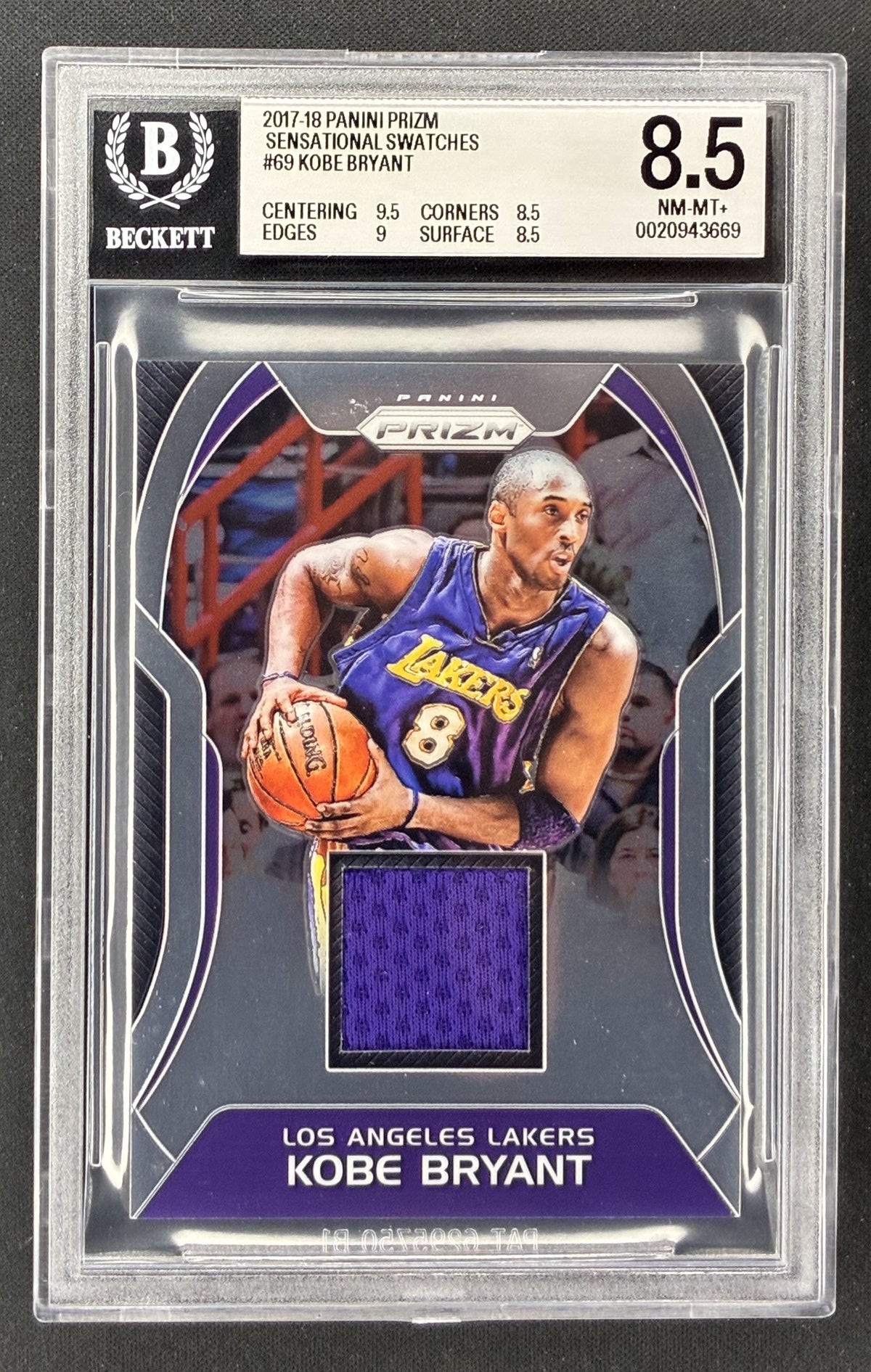 2017-18 Panini Prizm Kobe Bryant Sensational Swatches SW-KB Los Angeles Lakers BGS 8.5 graded card.