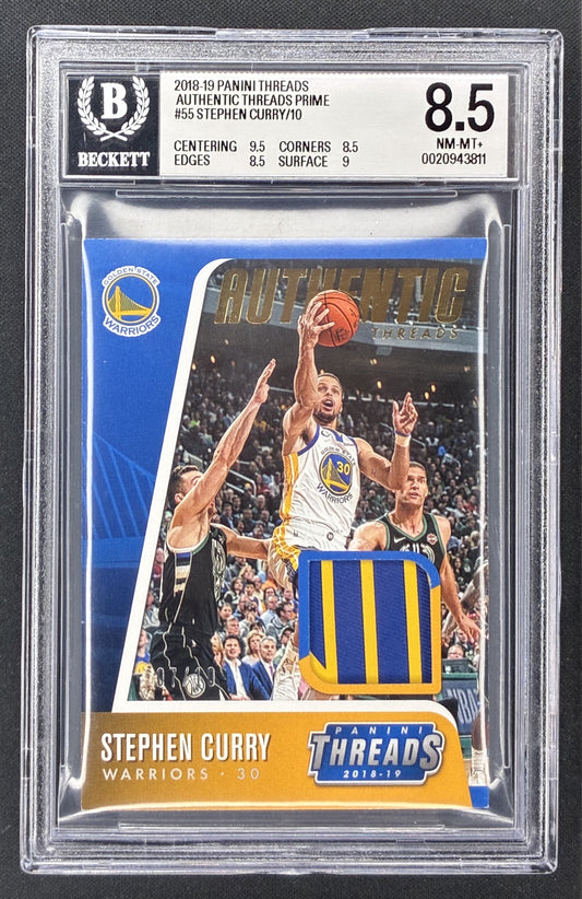 2018-19 Panini Threads Stephen Curry Authentic Threads game-worn logo patch Gold numbered to 10 BGS 8.5.