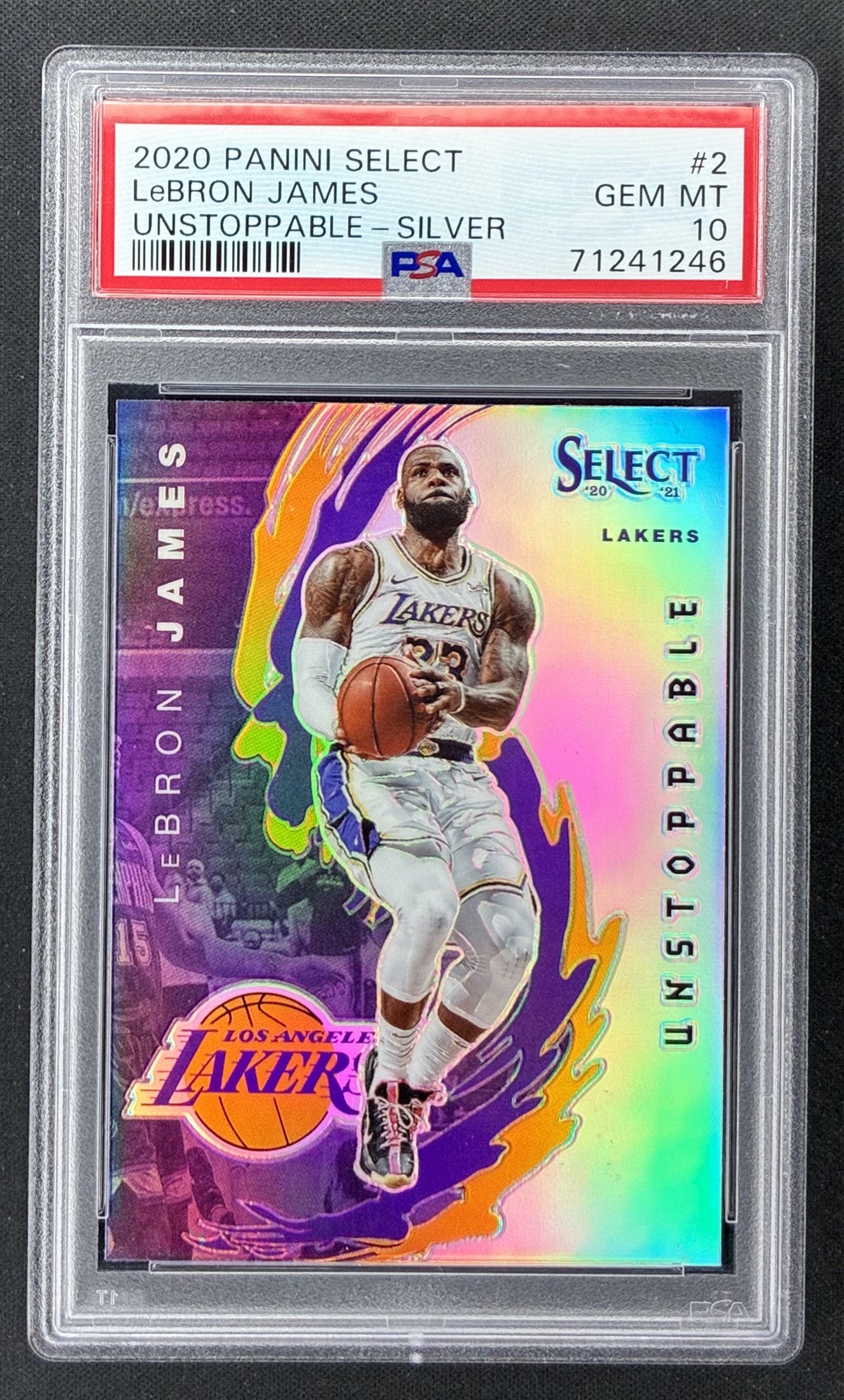 2020-21 Panini Select LeBron James Unstoppable 2 Silver Prizm Los Angeles Lakers PSA 10 Gem Mint.