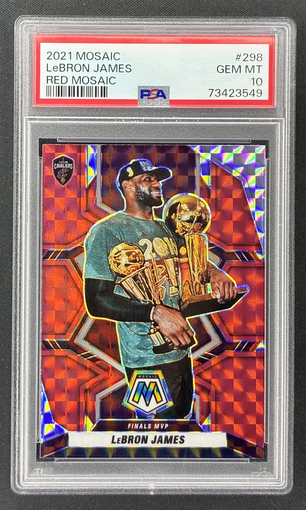 2020-21 Panini Mosaic LeBron James Finals MVPs 298 Red Mosaic Prizm Cleveland Cavaliers PSA 10 Gem Mint.