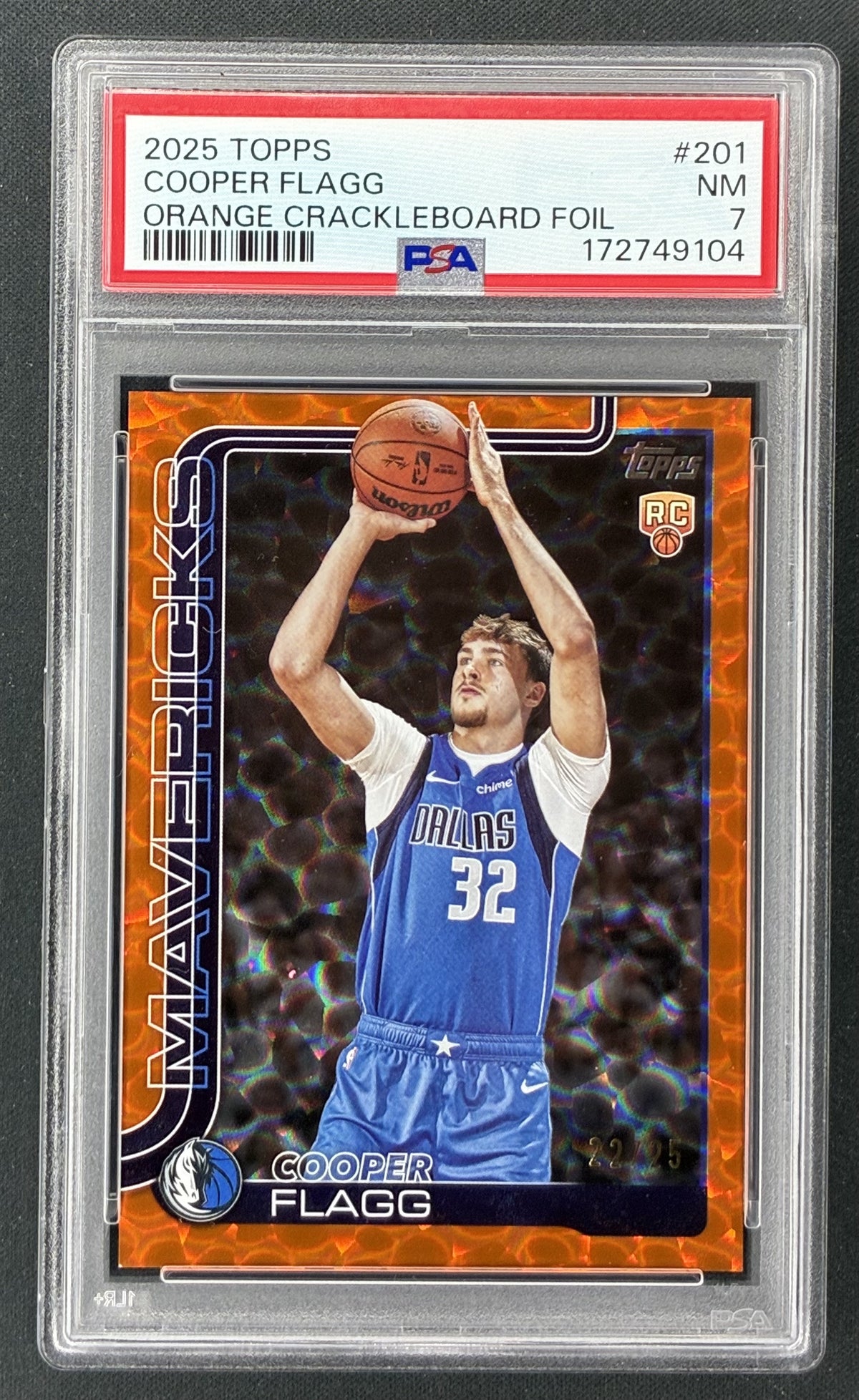 2025-26 Topps Basketball Cooper Flagg 201 Orange Crackleboard rookie numbered to 25 PSA 7 Near Mint.