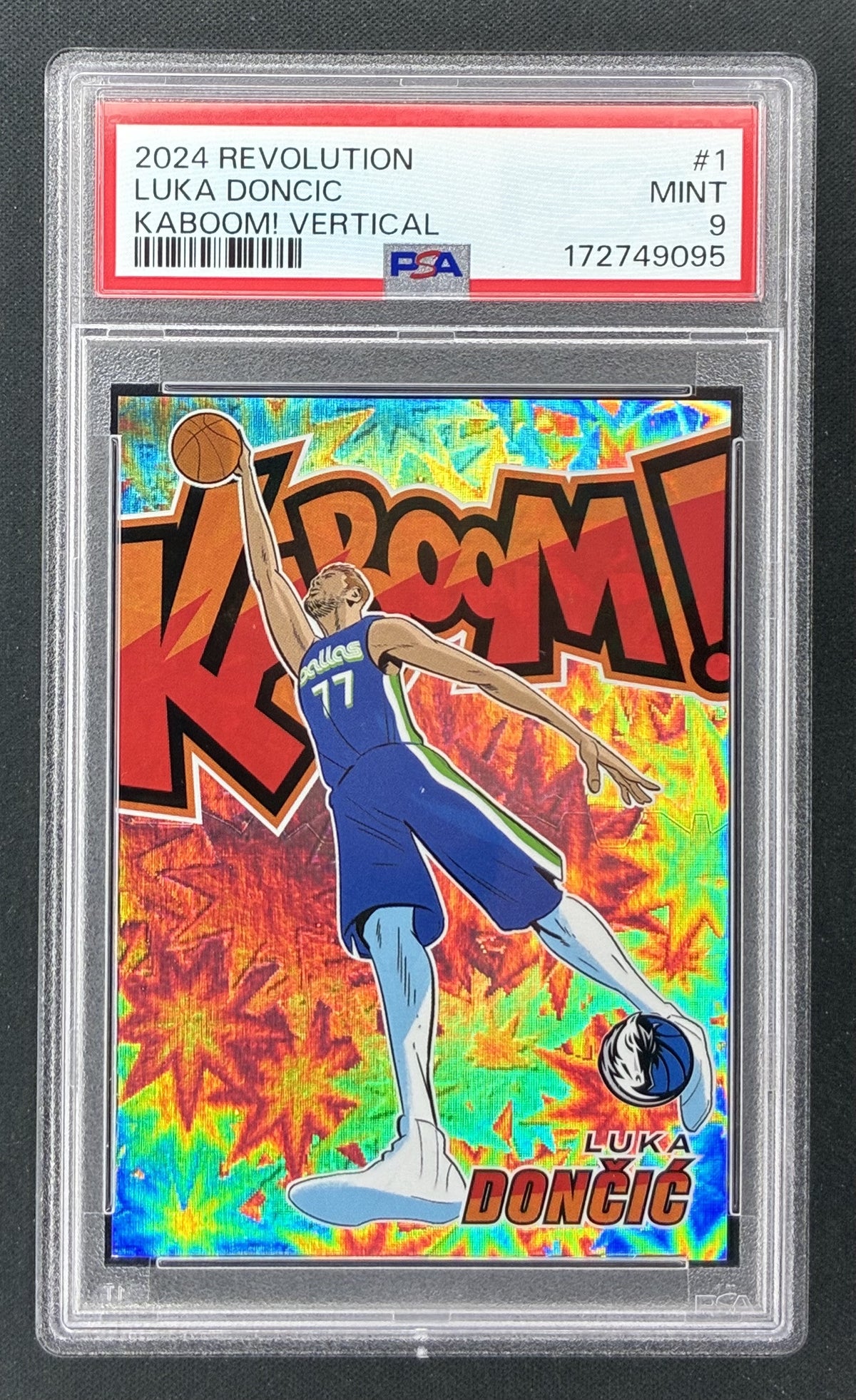 2024 Panini Revolution Luka Doncic Kaboom Vertical number 1 Dallas Mavericks PSA 9 Mint graded basketball card.