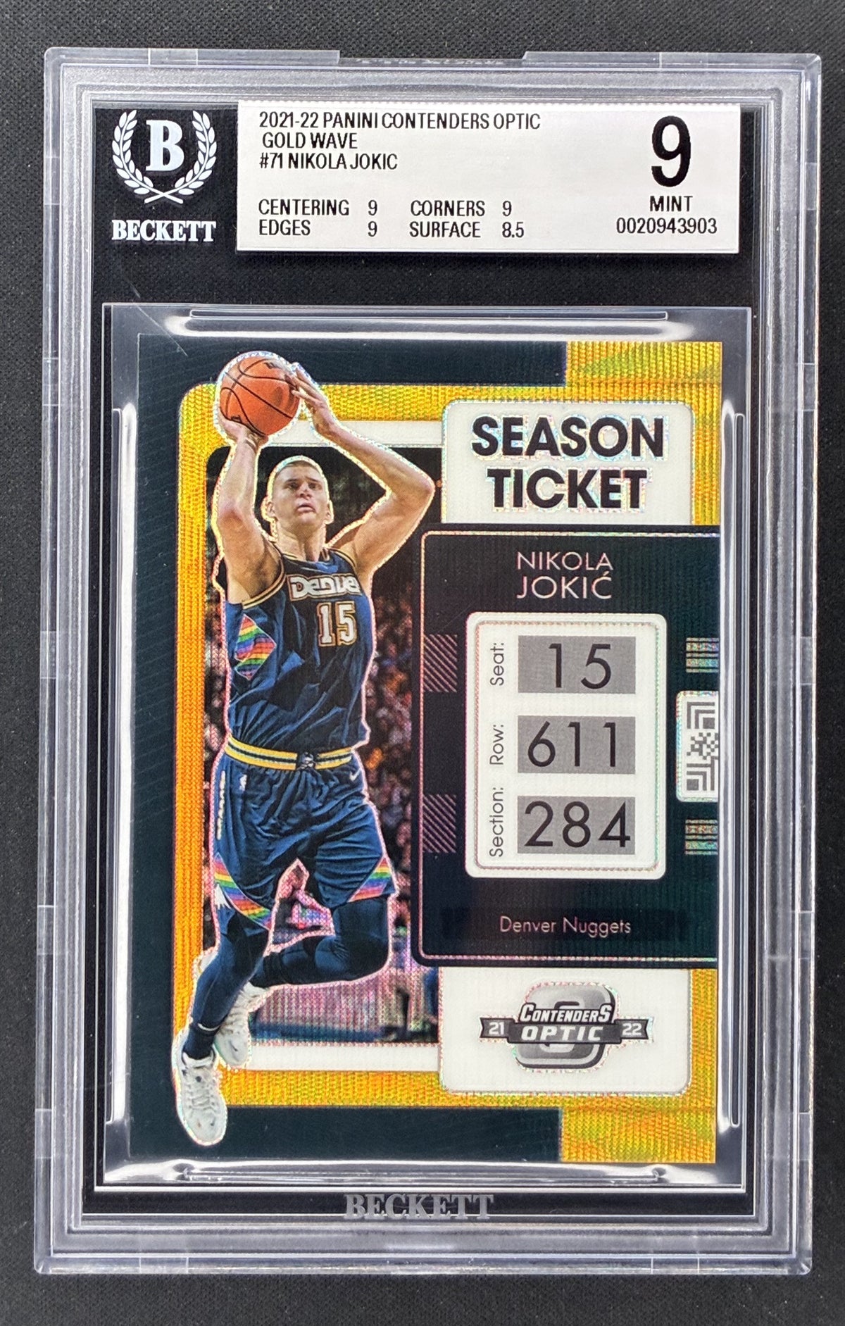 2021-22 Panini Contenders Optic Nikola Jokic Season Ticket 71 Gold Prizm numbered to 10 BGS 9 Mint.