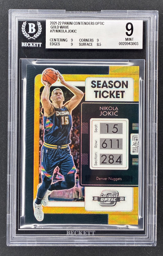 2021-22 Panini Contenders Optic Nikola Jokic Season Ticket 71 Gold Prizm numbered to 10 BGS 9 Mint.