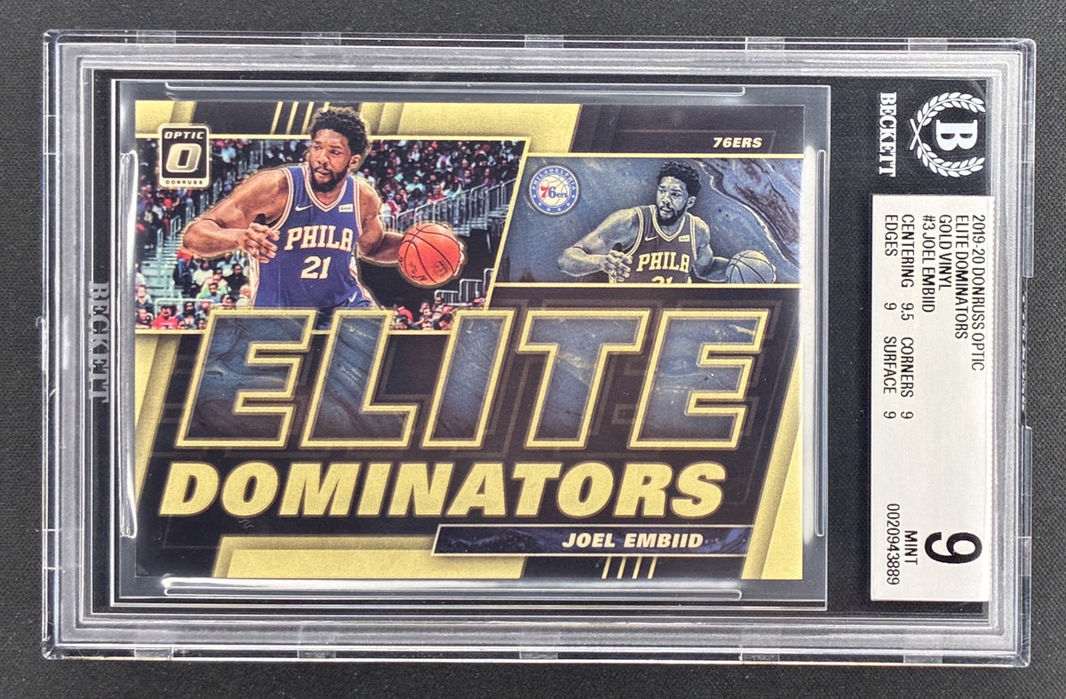2019-20 Donruss Optic Joel Embiid Elite Dominators 3 Gold Vinyl 1/1 BGS 9 Mint.