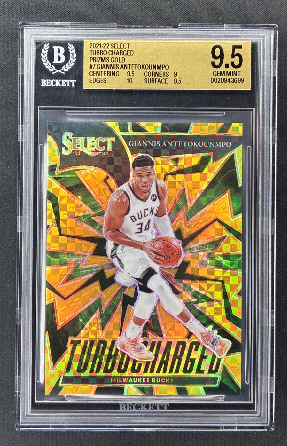 2021-22 Panini Select Turbo Charged Giannis Antetokounmpo 7 Gold Prizm numbered to 10 BGS 9.5 Gem Mint.