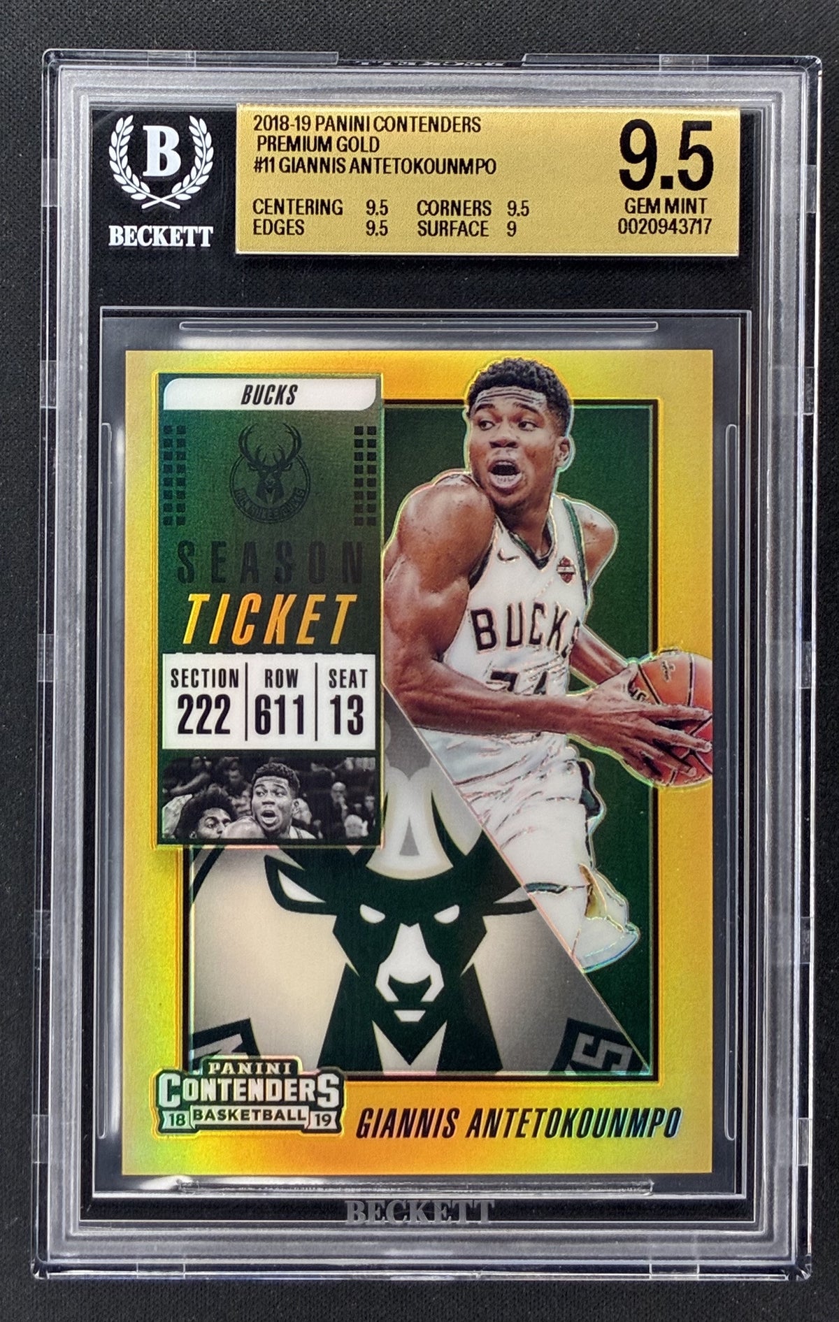 2018-19 Panini Contenders Giannis Antetokounmpo Season Ticket Premium Gold numbered to 10 BGS 9.5 Gem Mint.