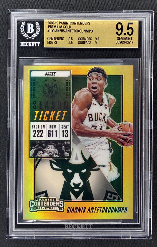 2018-19 Panini Contenders Giannis Antetokounmpo Season Ticket Premium Gold numbered to 10 BGS 9.5 Gem Mint.