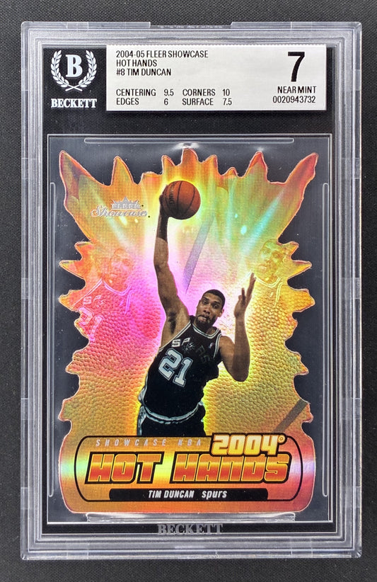 2004-05 Fleer Showcase Hot Hands Tim Duncan 8 San Antonio Spurs BGS 7 Near Mint graded basketball card.