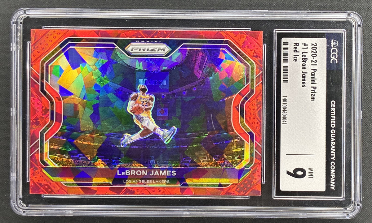 2020-21 Panini Prizm LeBron James 1 Red Ice Prizm Los Angeles Lakers Kobe tribute dunk CGC 9 Mint.