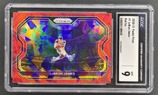 2020-21 Panini Prizm LeBron James 1 Red Ice Prizm Los Angeles Lakers Kobe tribute dunk CGC 9 Mint.