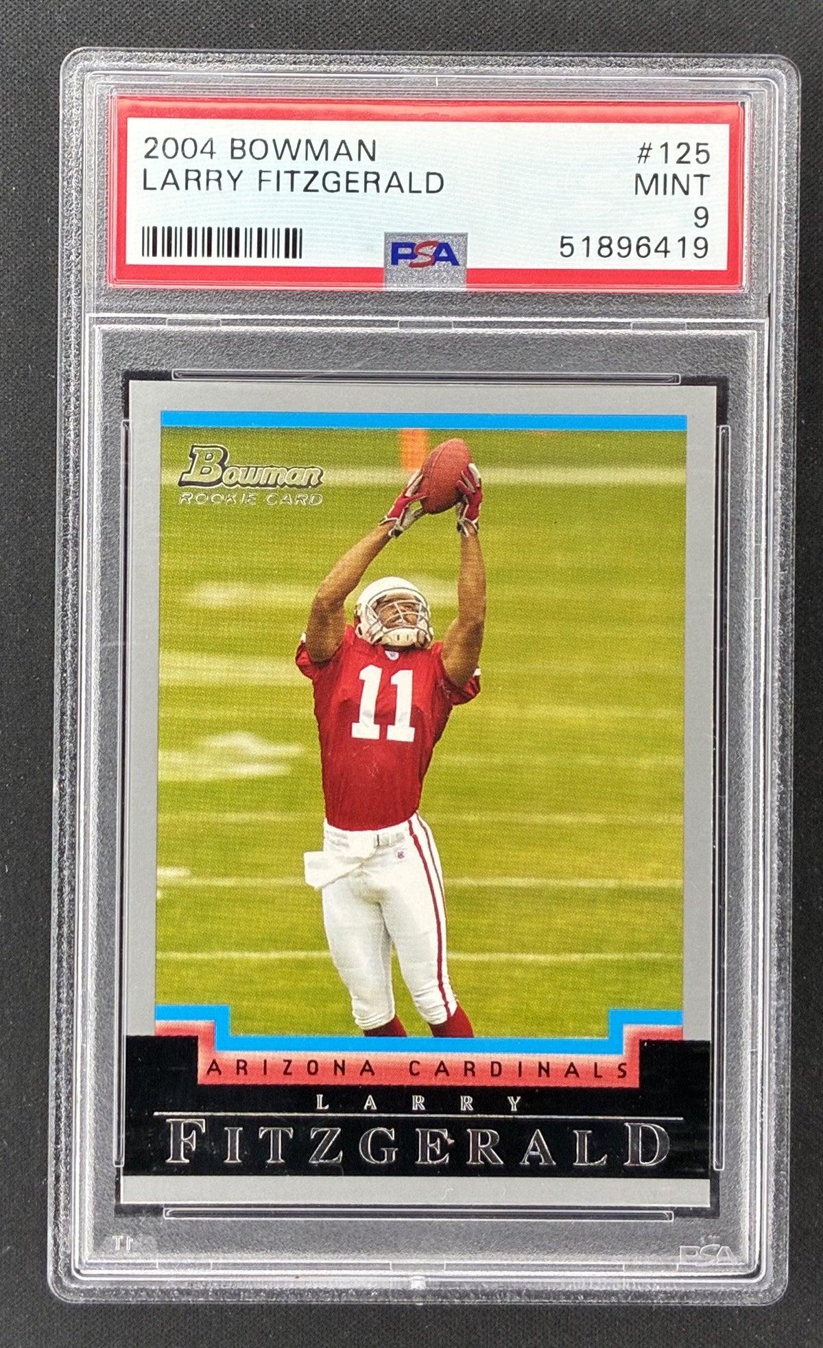 2004 Bowman Larry Fitzgerald 125 Arizona Cardinals rookie card PSA 9 Mint.