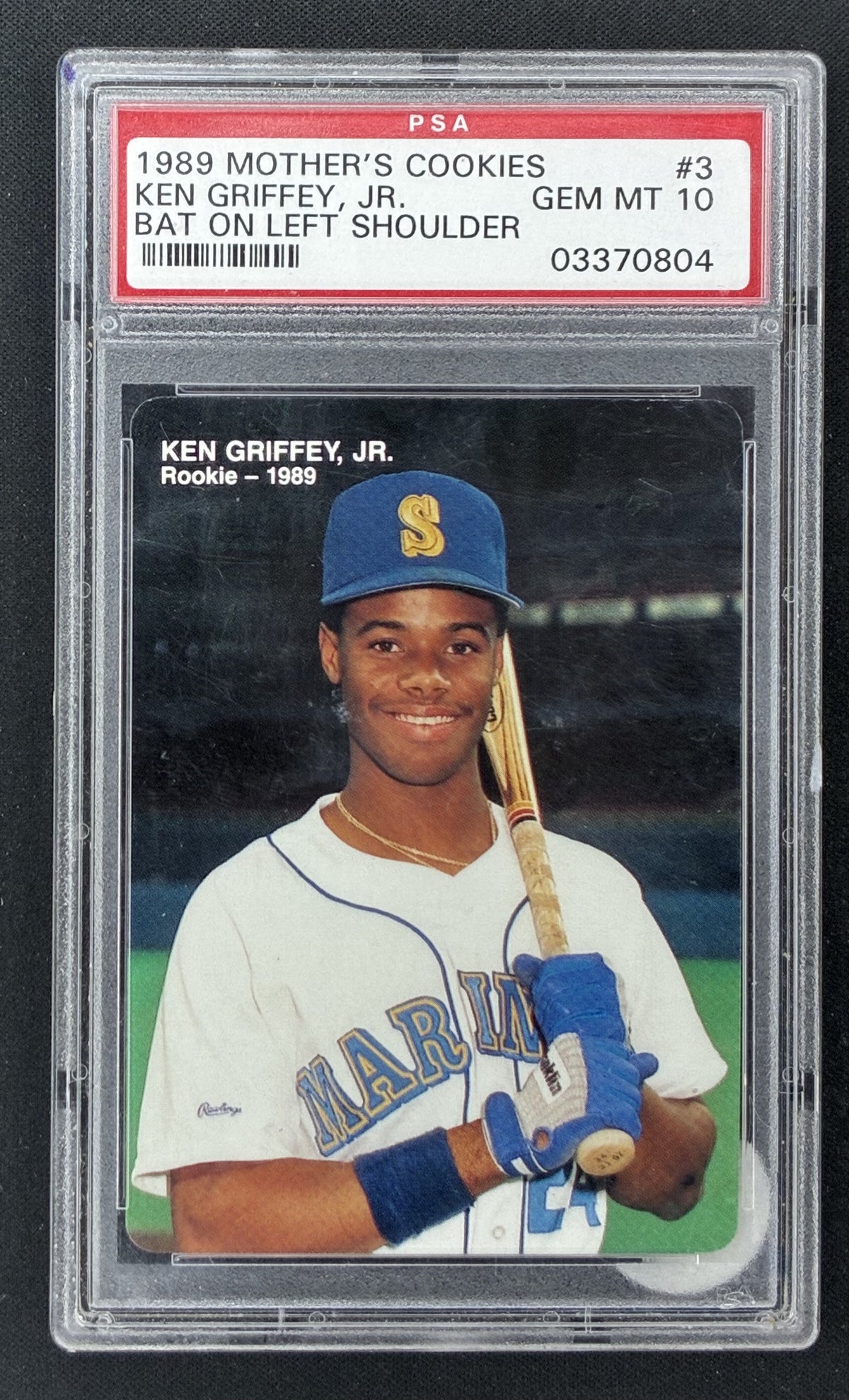 1989 Mother’s Cookies Ken Griffey Jr 3 Bat Left Seattle Mariners rookie PSA 10 Gem Mint.