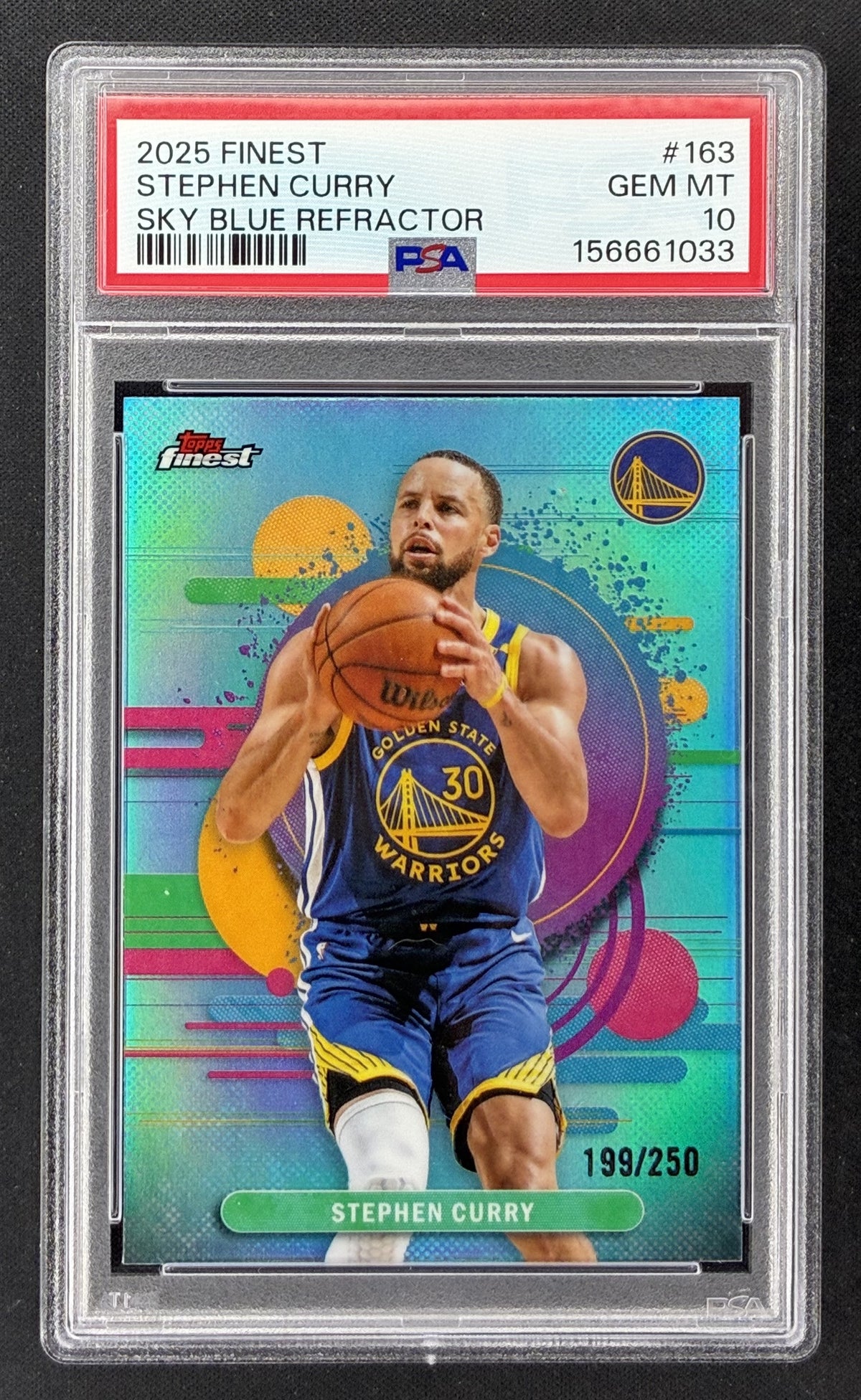 2025-26 Topps Finest Stephen Curry 163 Uncommon Sky Blue Refractor numbered to 250 PSA 10 Gem Mint.