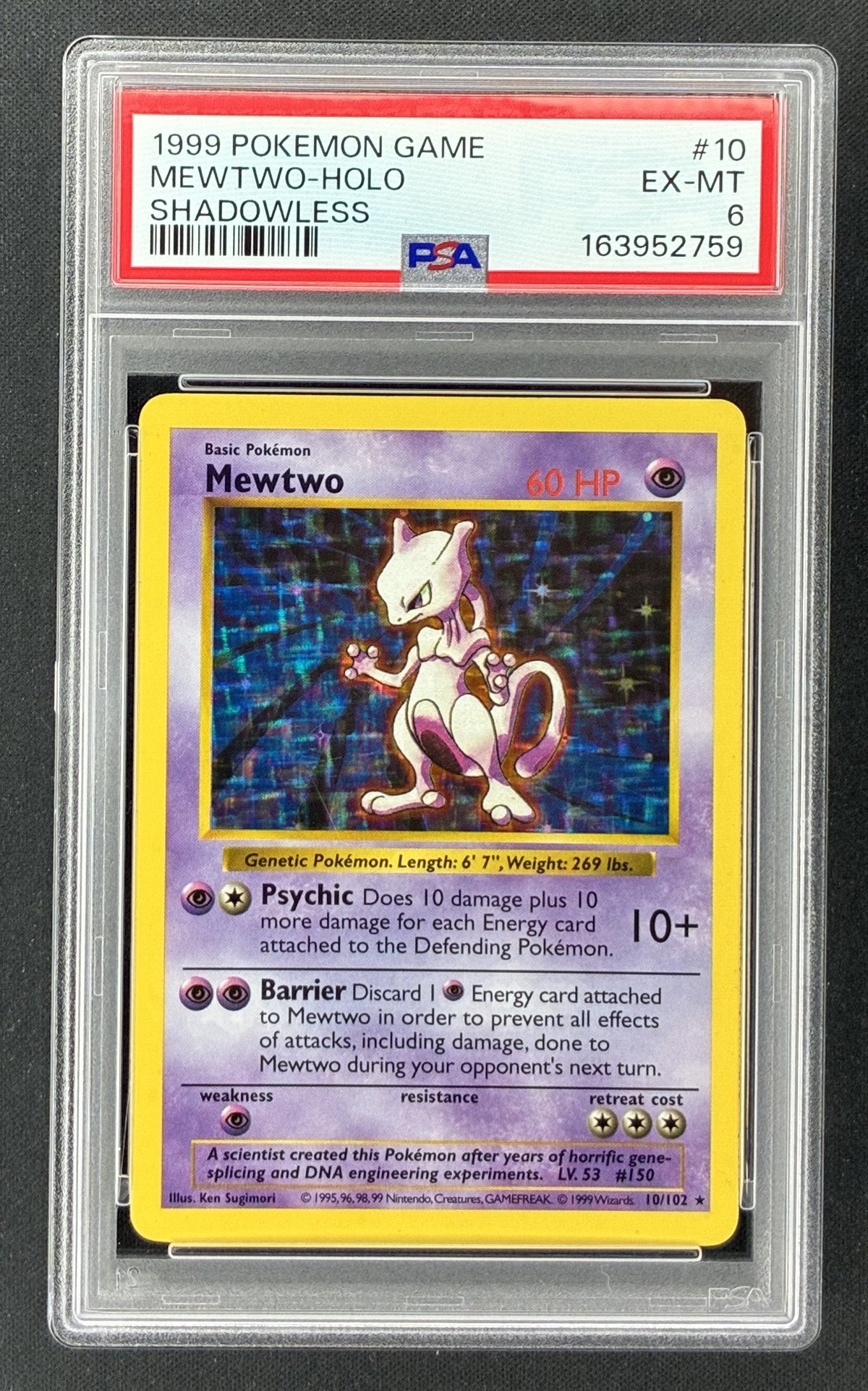1999 Pokémon Base Set Mewtwo Holo 10/102 Shadowless PSA 6 EX-MT.