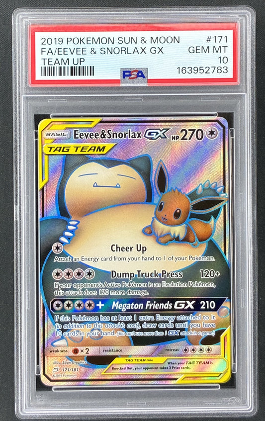 2019 Pokémon Team Up Eevee and Snorlax GX Full Art 171/181 PSA 10 Gem Mint.