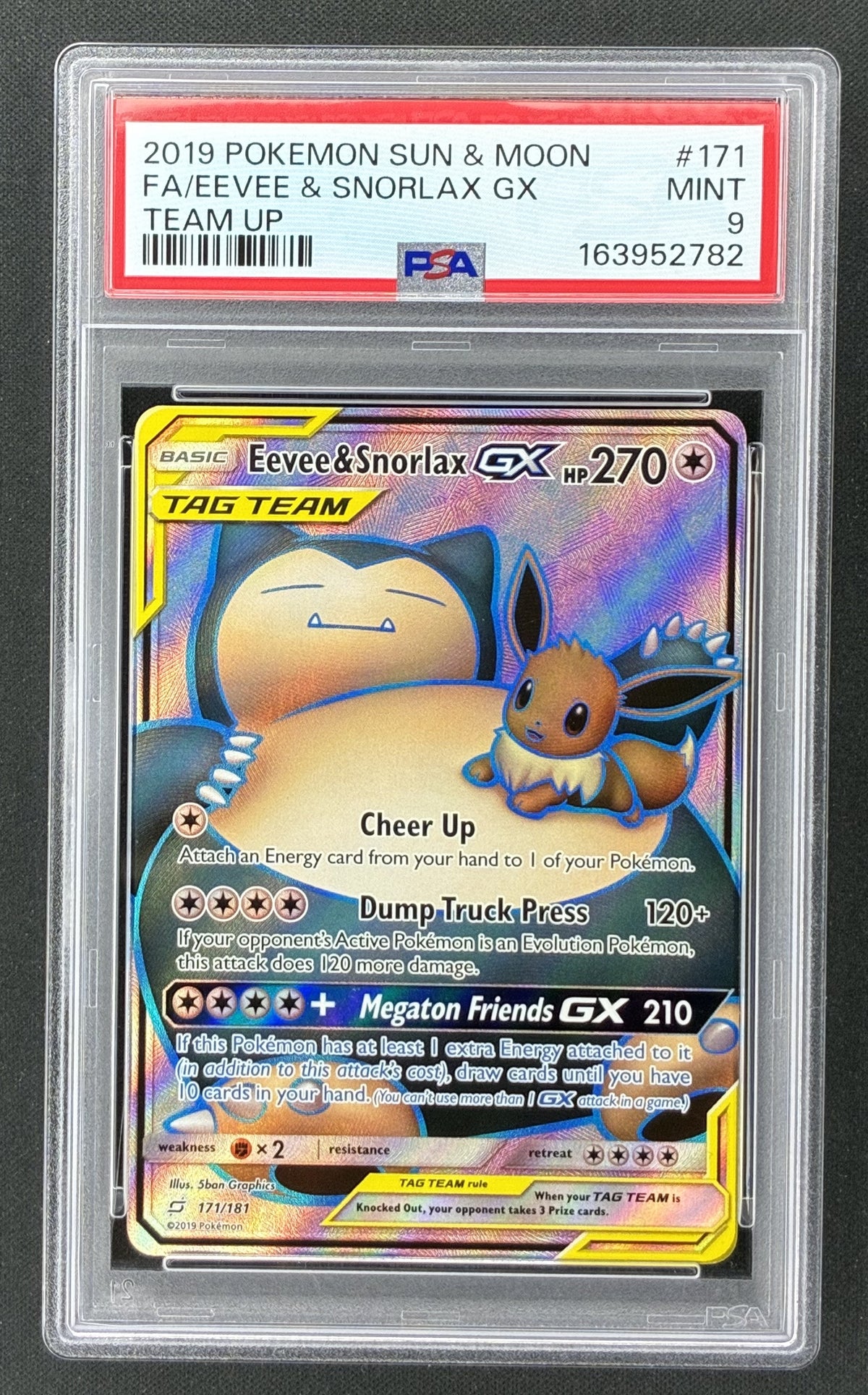 2019 Pokémon Team Up Eevee and Snorlax GX Full Art 171/181 PSA 9 Mint.