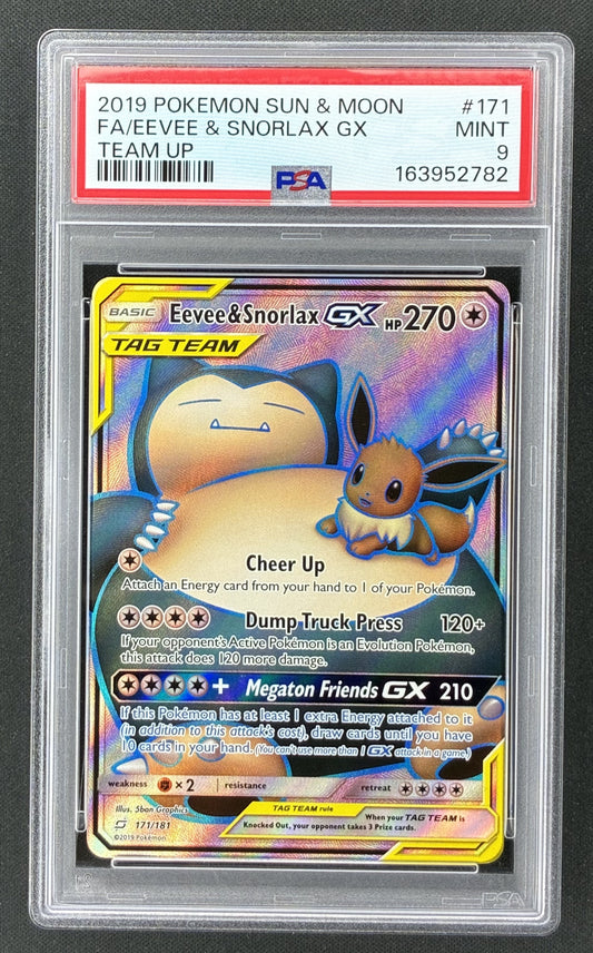 2019 Pokémon Team Up Eevee and Snorlax GX Full Art 171/181 PSA 9 Mint.
