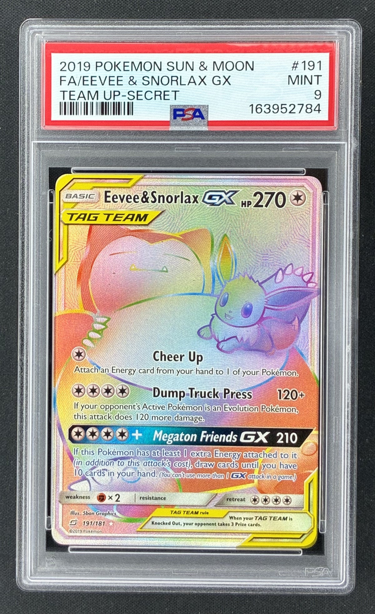 2019 Pokémon Team Up Eevee and Snorlax GX 191/181 Rainbow Secret Rare PSA 9 Mint.