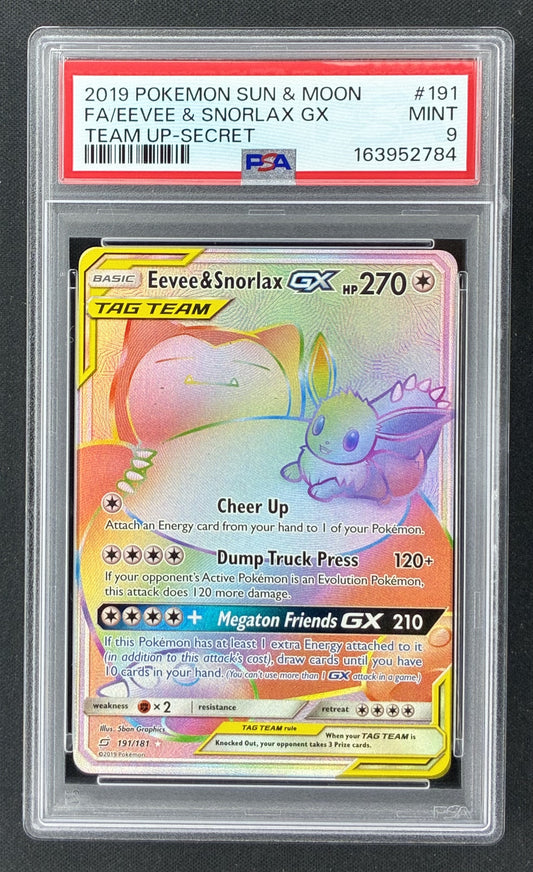 2019 Pokémon Team Up Eevee and Snorlax GX 191/181 Rainbow Secret Rare PSA 9 Mint.