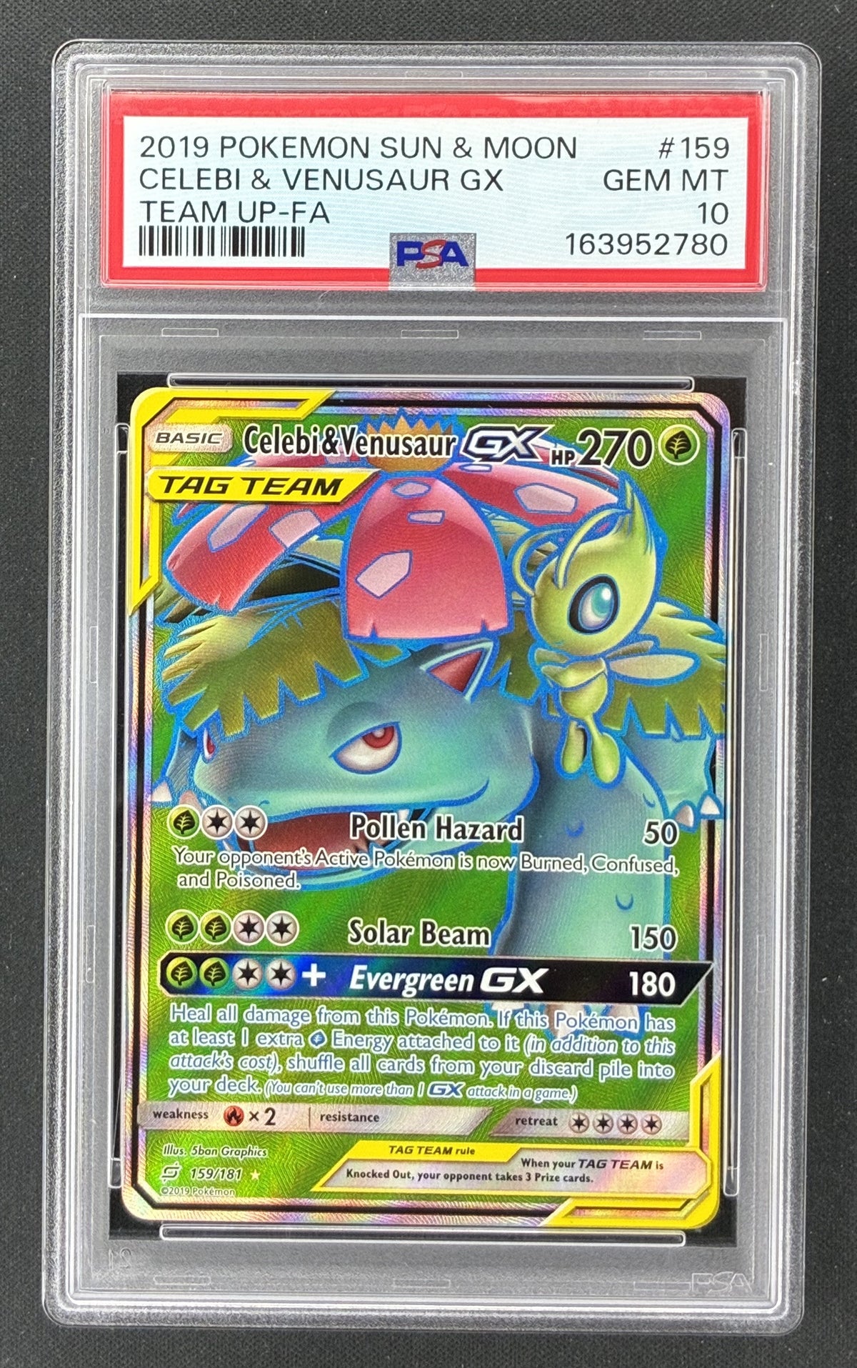 2019 Pokémon Team Up Celebi and Venusaur GX Full Art 159/181 PSA 10 Gem Mint.
