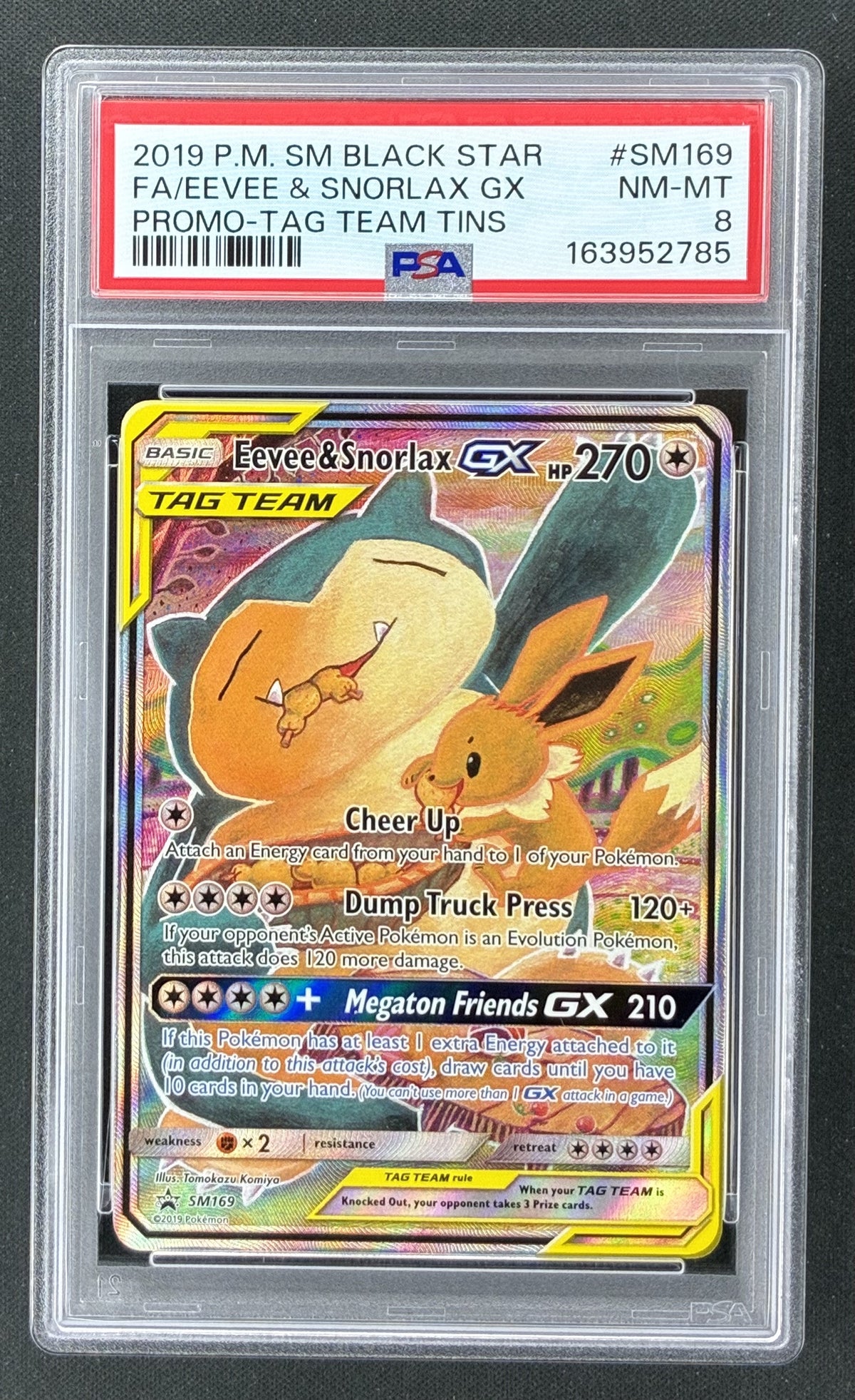 2019 Pokémon Eevee and Snorlax GX SM169 Tag Team Full Art Black Star Promo PSA 8 NM-MT.