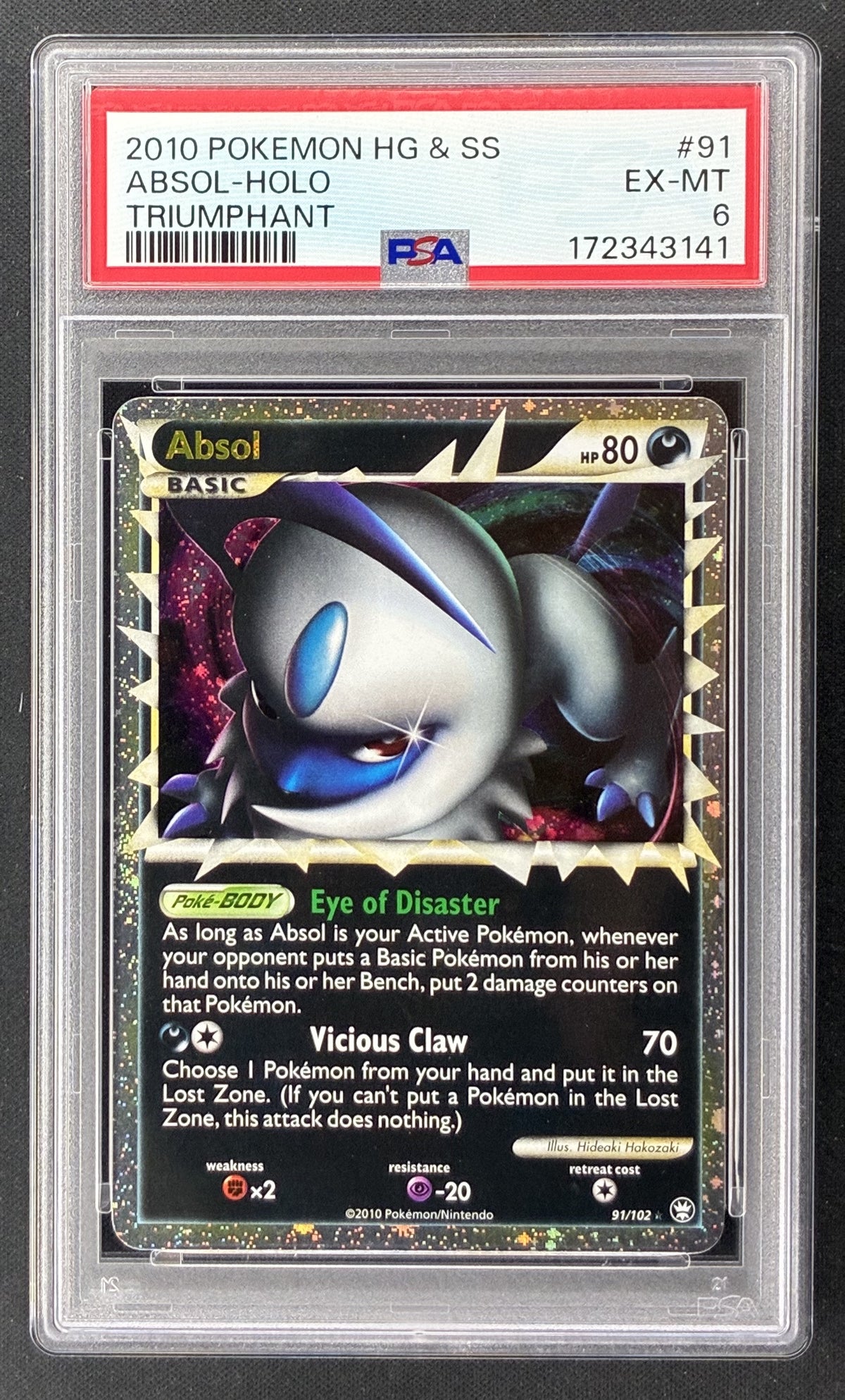 2010 Pokémon HeartGold SoulSilver Triumphant Absol Holo 91/102 PSA 6 EX-MT.