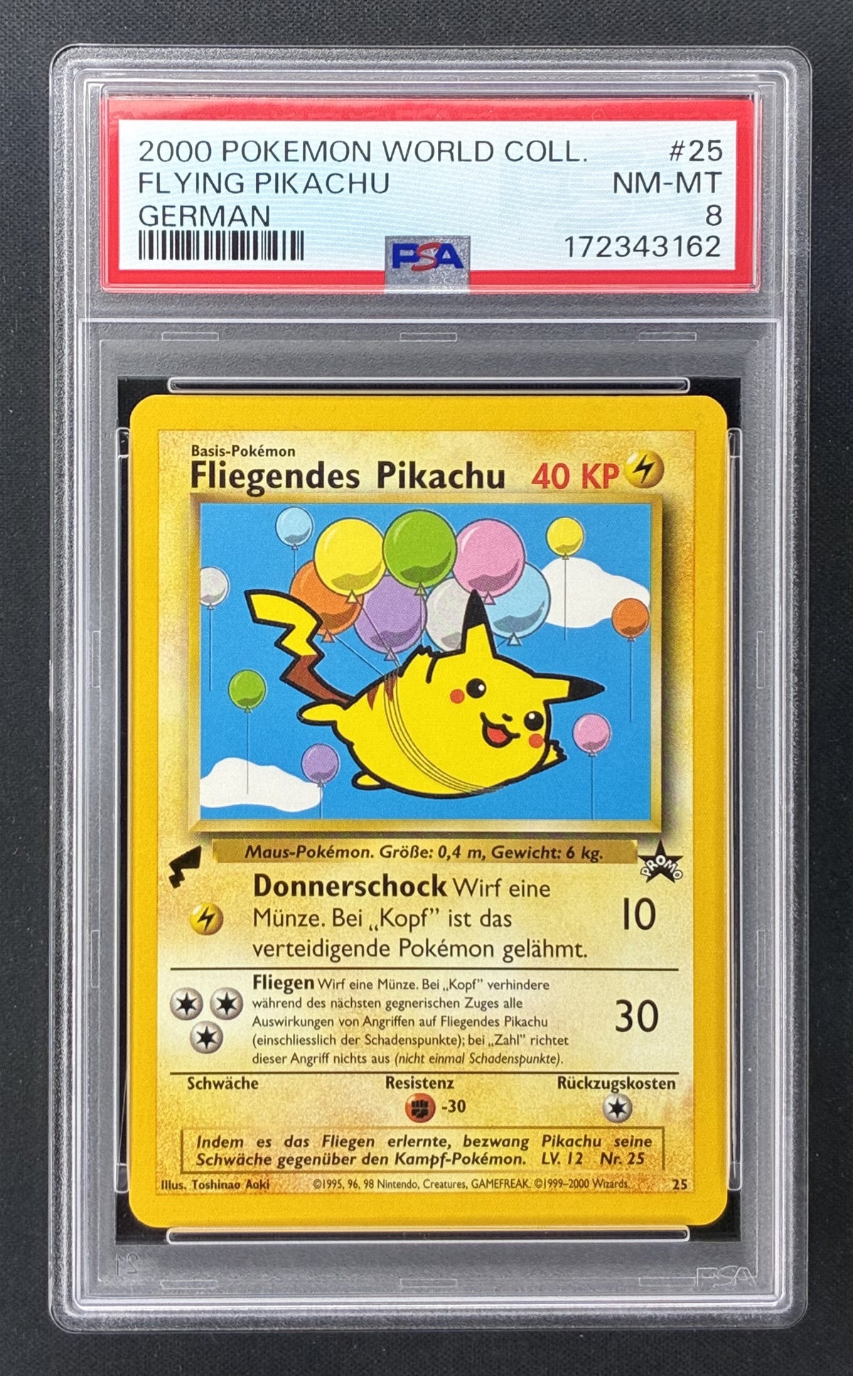 2000 Pokémon Pikachu World Collection German Flying Pikachu 25 PSA 8 NM-MT.
