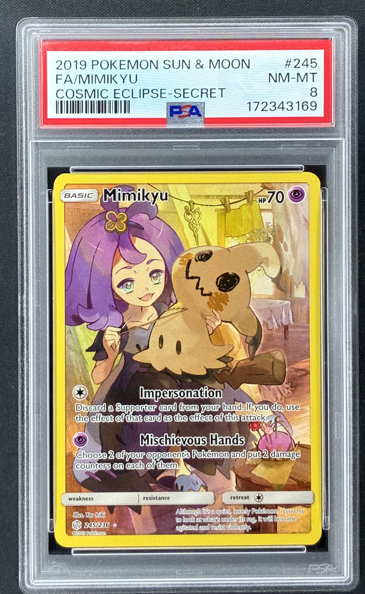 2019 Pokémon Cosmic Eclipse Mimikyu 245/236 Secret Rare featuring Acerola PSA 8 NM-MT.