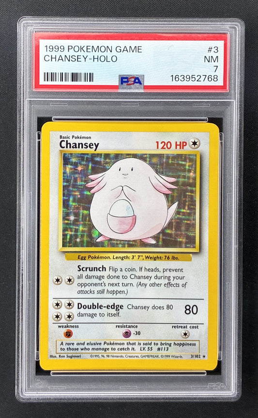 1999 Pokémon Base Set Chansey Holo 3/102 English PSA 7 Near Mint.