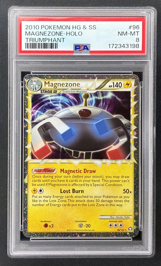 2010 Pokémon HeartGold SoulSilver Triumphant Magnezone Prime 96/102 Holo PSA 8 NM-MT.