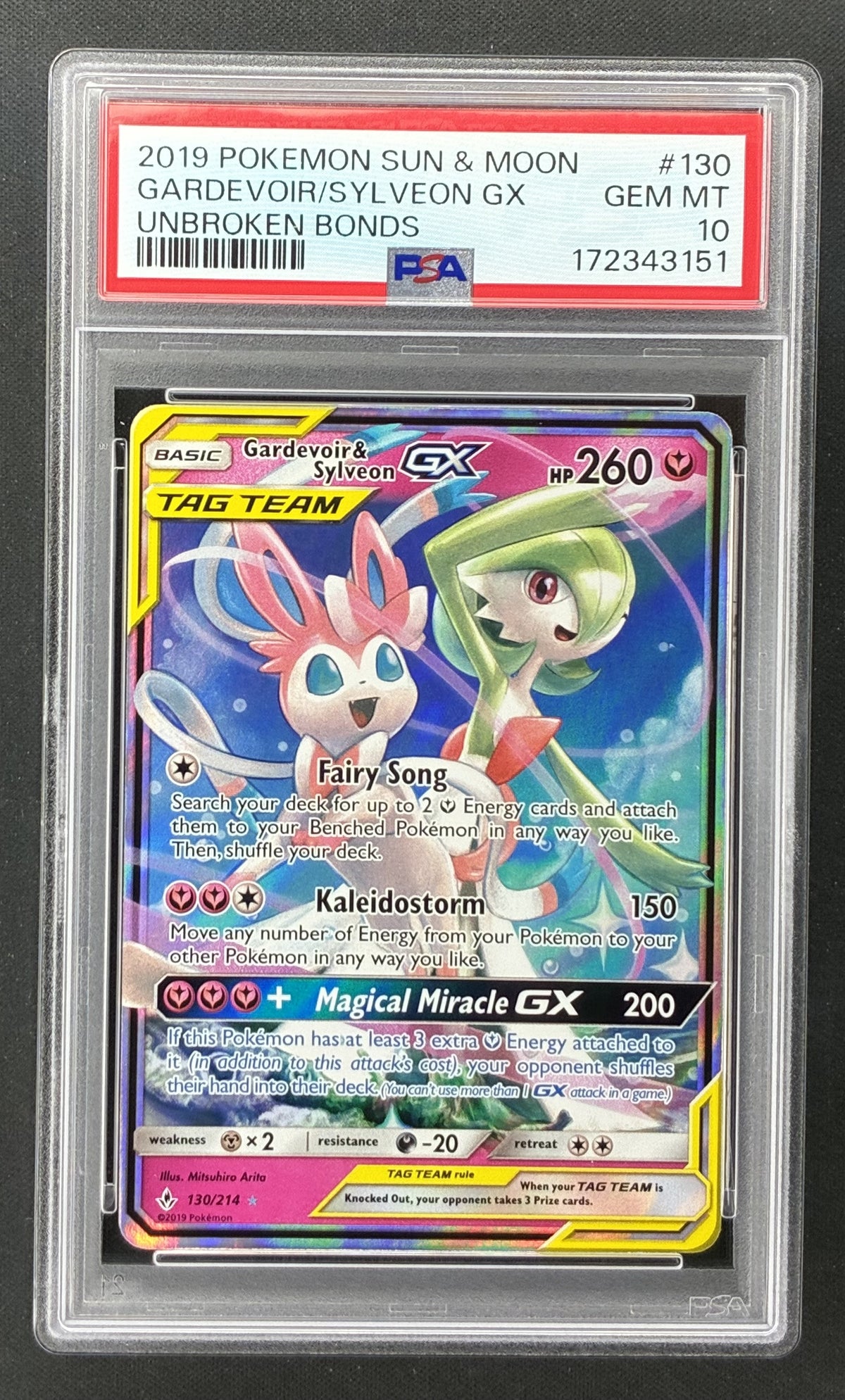 2019 Pokémon Unbroken Bonds Gardevoir and Sylveon GX 130/214 TAG TEAM PSA 10 Gem Mint.