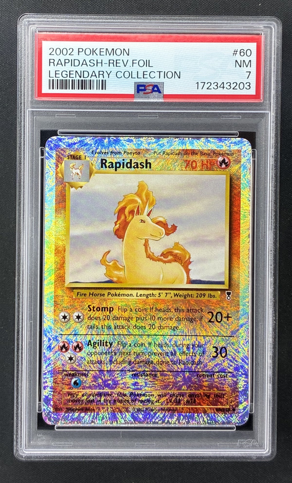 2002 Pokémon Legendary Collection Rapidash 60/110 Reverse Holo fireworks pattern PSA 7 Near Mint.