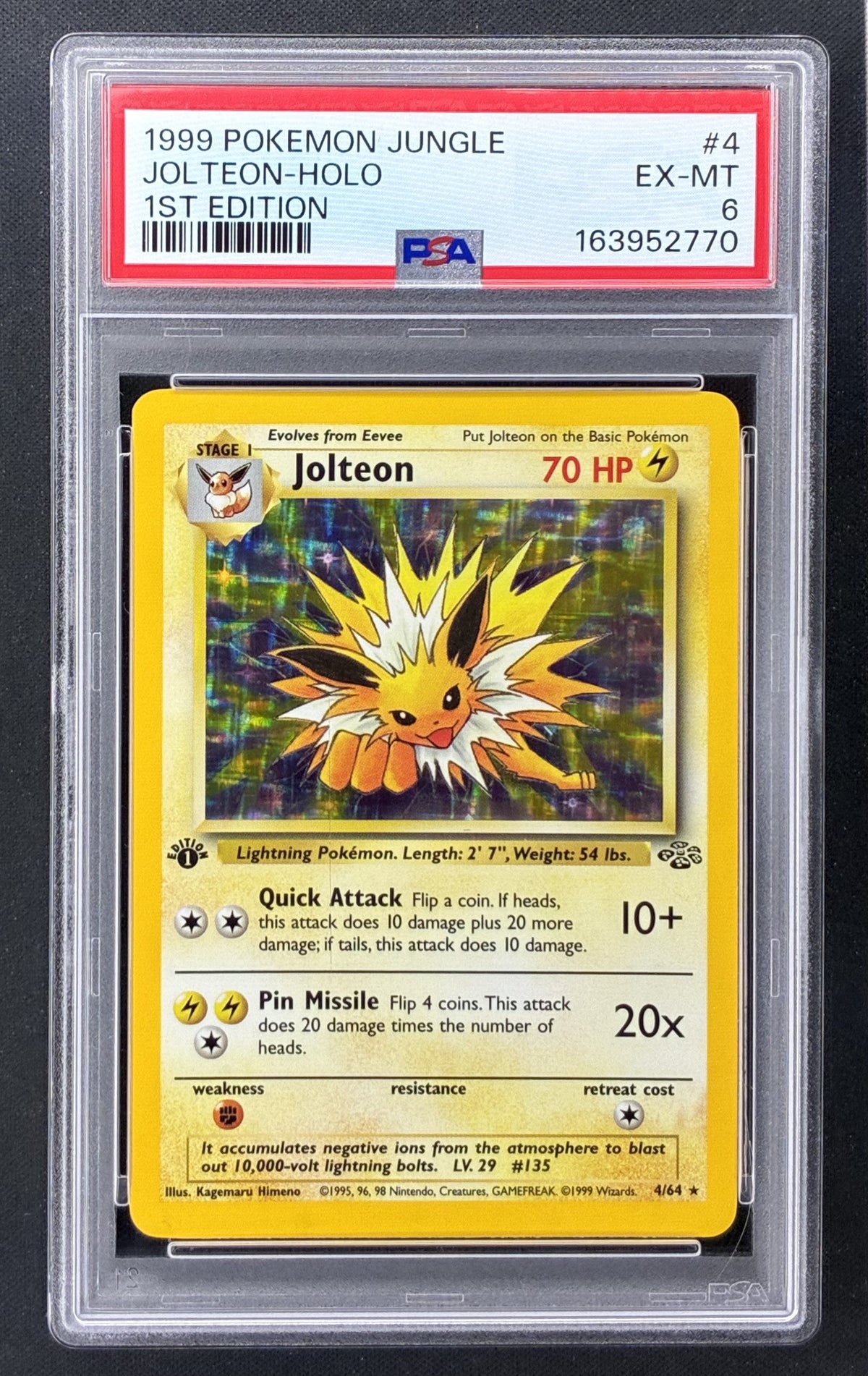 1999 Pokémon Jungle Jolteon Holo 4/64 1st Edition WOTC PSA 6 EX-MT.