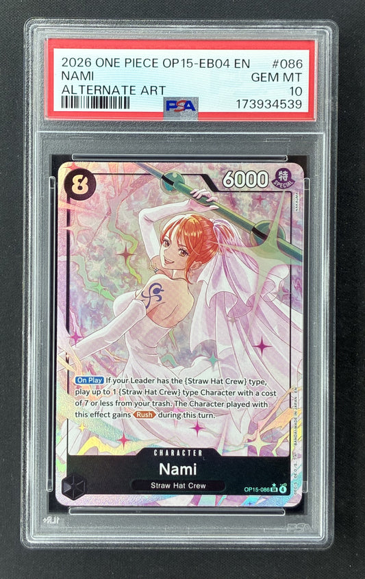 2026 One Piece OP15 Adventure on Kami's Island Nami 086 Wedding Nami Alternate Art PSA 10 Gem Mint.