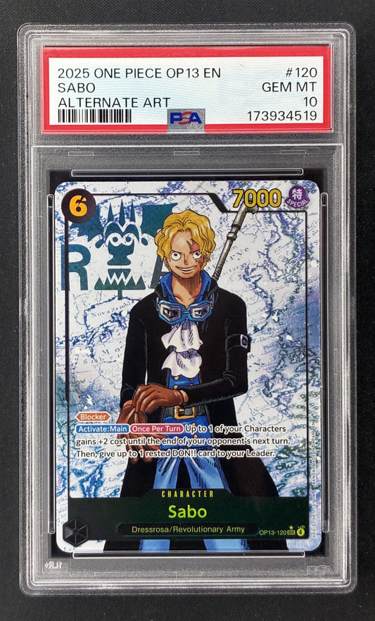 2025 One Piece OP13 Carrying on His Will Sabo 120 Alternate Art PSA 10 Gem Mint.