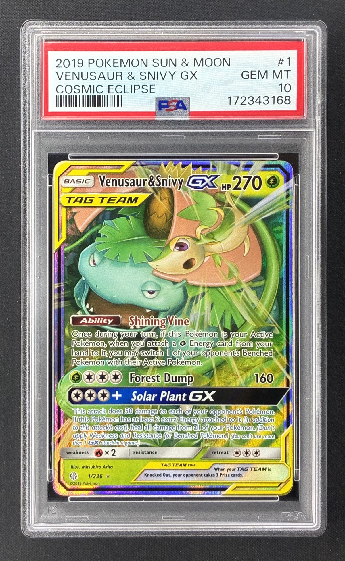 2019 Pokémon Cosmic Eclipse Venusaur and Snivy GX 1/236 TAG TEAM PSA 10 Gem Mint.