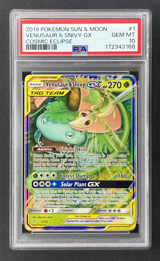2019 Pokémon Cosmic Eclipse Venusaur and Snivy GX 1/236 TAG TEAM PSA 10 Gem Mint.