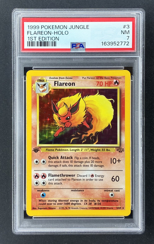 1999 Pokémon Jungle Flareon 3/64 1st Edition Holo Rare PSA 7 Near Mint.