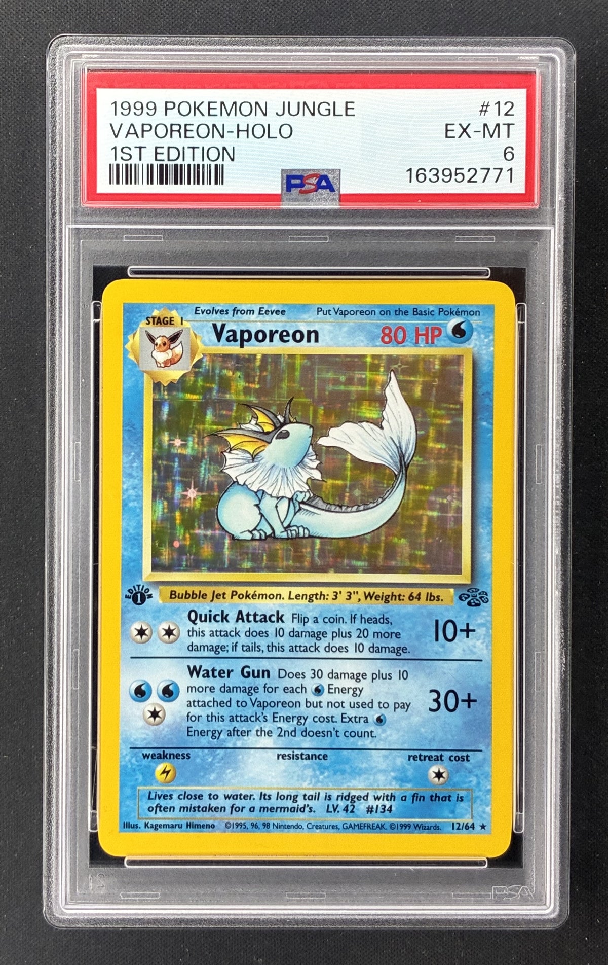 1999 Pokémon Jungle Vaporeon 12/64 1st Edition Holo Rare PSA 6 EX-MT.