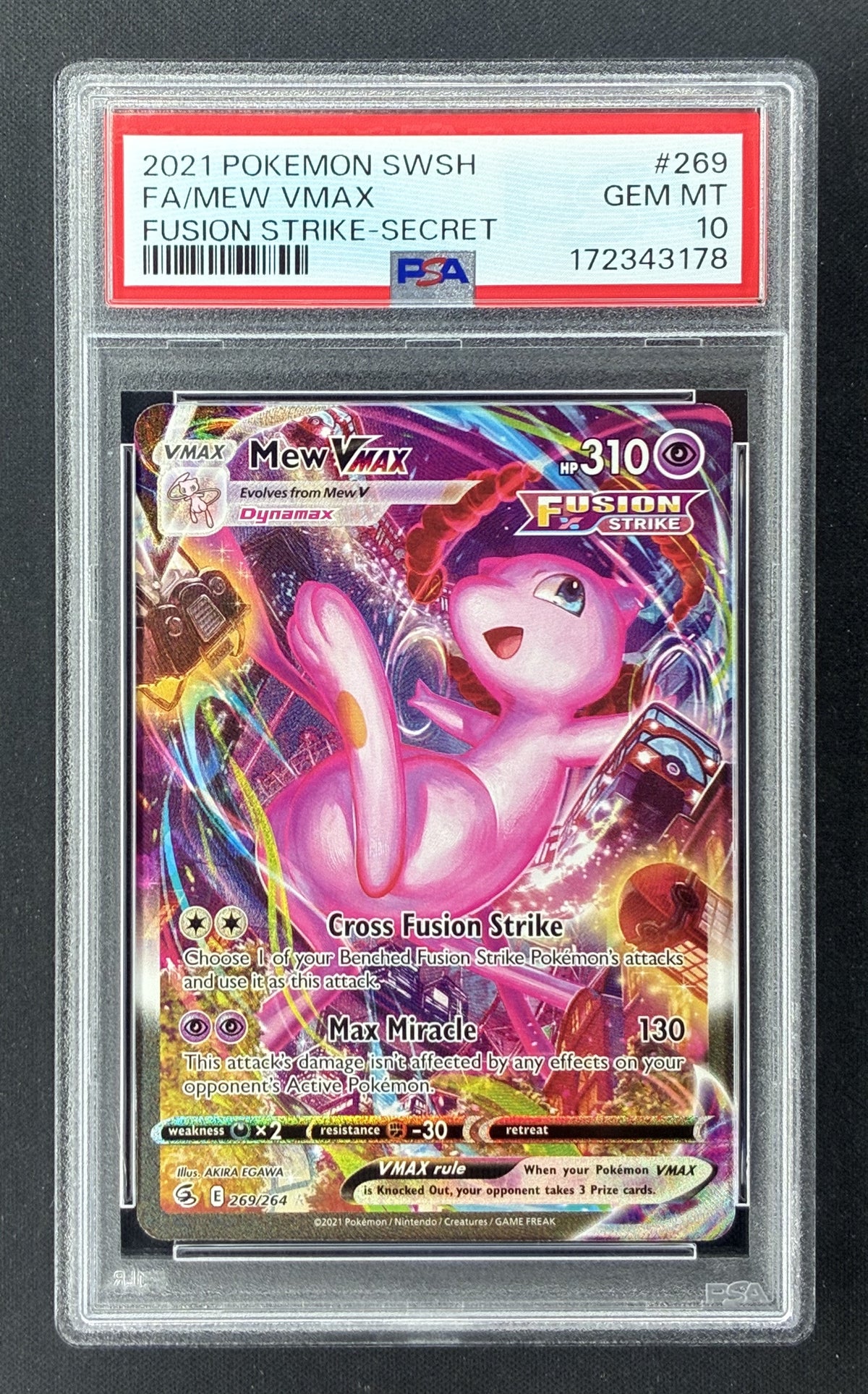 2021 Pokémon Fusion Strike Mew VMAX 269/264 Rainbow Rare PSA 10 Gem Mint.