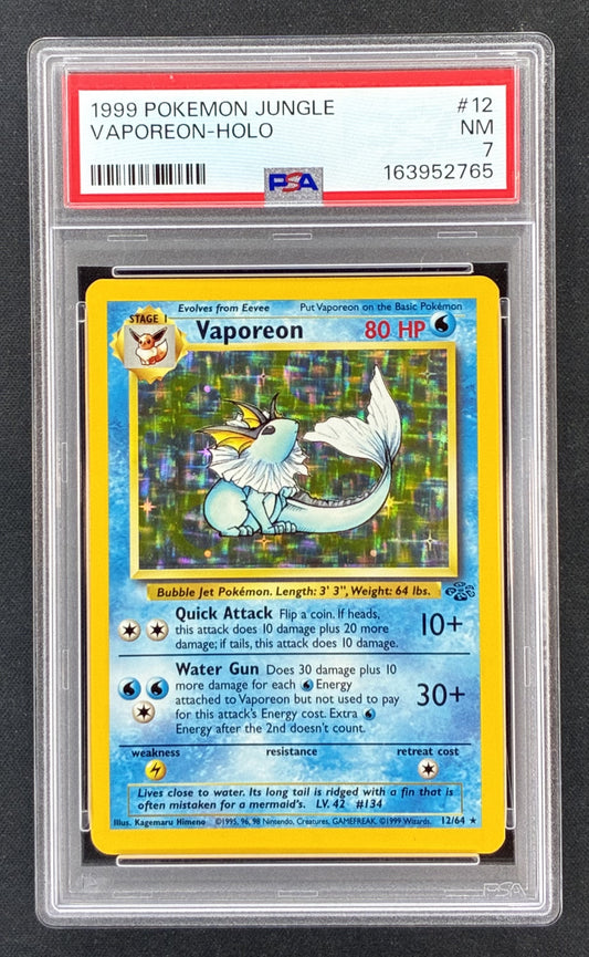 1999 Pokémon Jungle Vaporeon #12/64 Unlimited Holo Rare WOTC card, professionally authenticated and graded PSA 7 Near Mint.