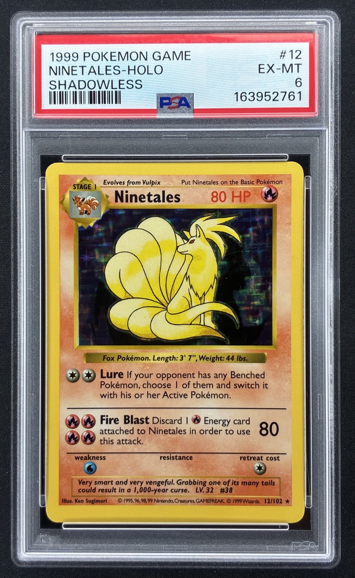 1999 Pokémon Base Set Shadowless Ninetales 12/102 Holo Rare PSA 6 EX-MT.