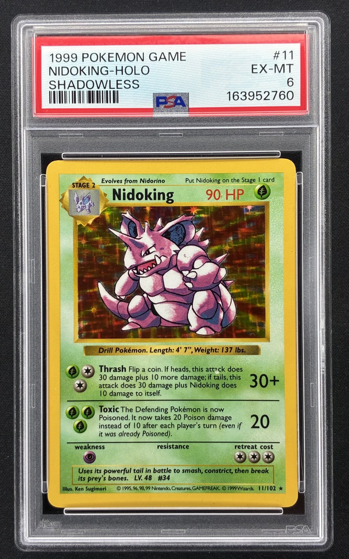 1999 Pokémon Base Set Shadowless Nidoking 11/102 Holo Rare PSA 6 EX-MT.