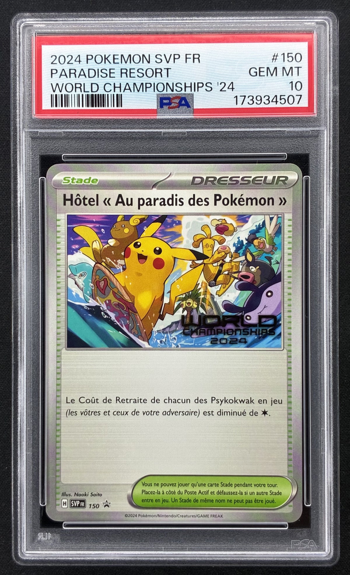 2024 Pokémon French Paradise Resort 150 SV-P World Championships Promo Pikachu PSA 10 Gem Mint.