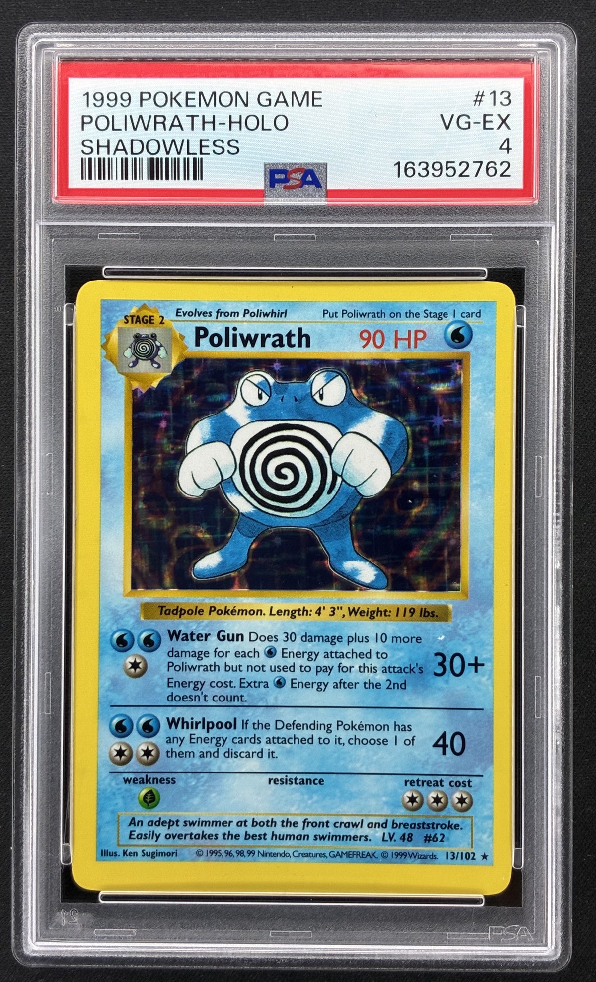 1999 Pokémon Base Set Shadowless Poliwrath 13/102 Holo Rare PSA 4 VG-EX.