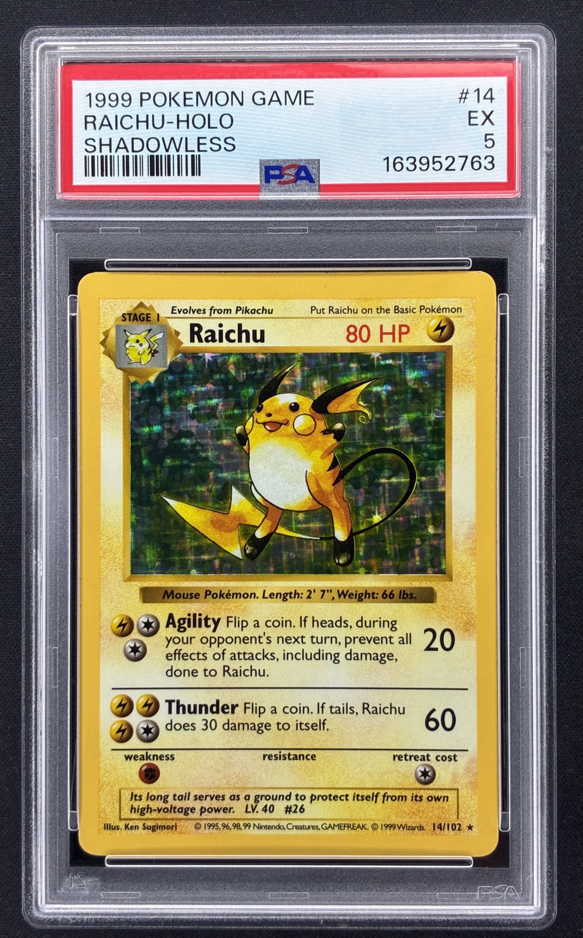 1999 Pokémon Base Set Shadowless Raichu 14/102 Holo Rare PSA 5 EX.