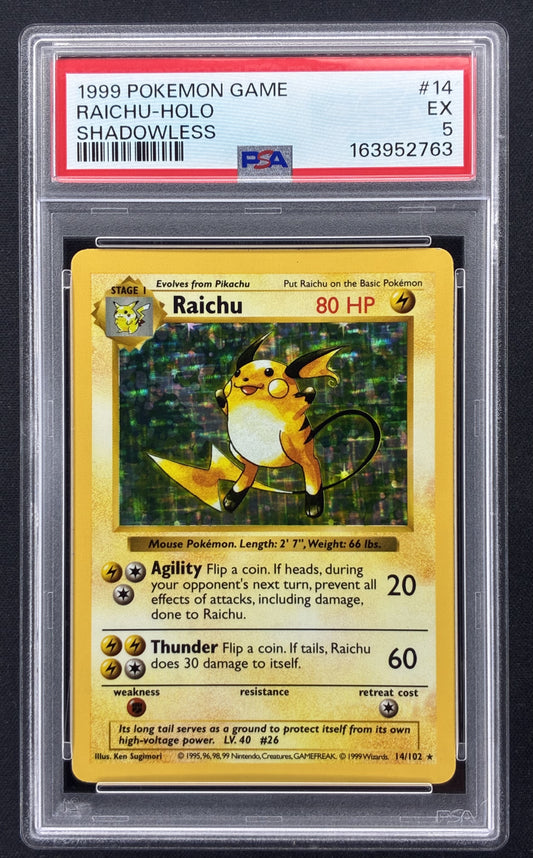 1999 Pokémon Base Set Shadowless Raichu 14/102 Holo Rare PSA 5 EX.