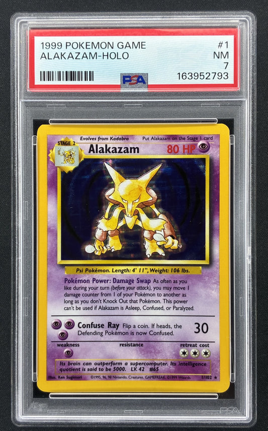 1999 Pokémon Base Set Alakazam 1/102 Unlimited Holo Rare PSA 7 Near Mint.